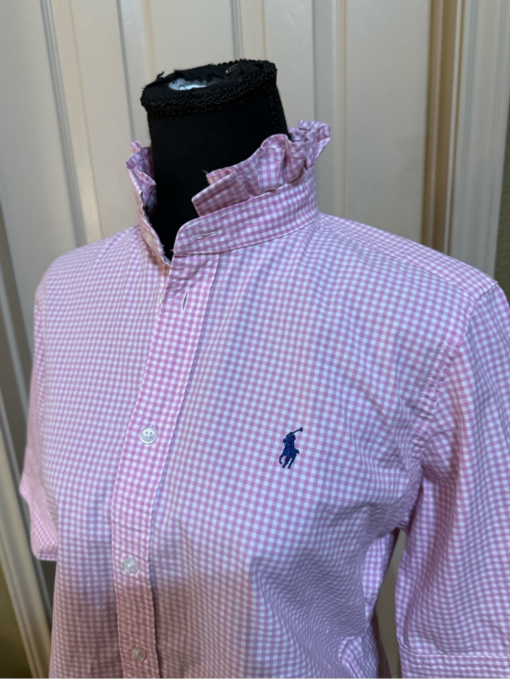 Upcycled Ralph Lauren Light Pink Gingham Ruffle Collar Button-Up - Picture 2 of 11
